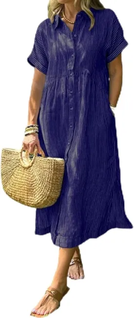 Striped Lapel Button Down Shirt Dress with Functional Pockets, Summer Casual Midi Short Sleeve Dresses Loose Beach Cover Up