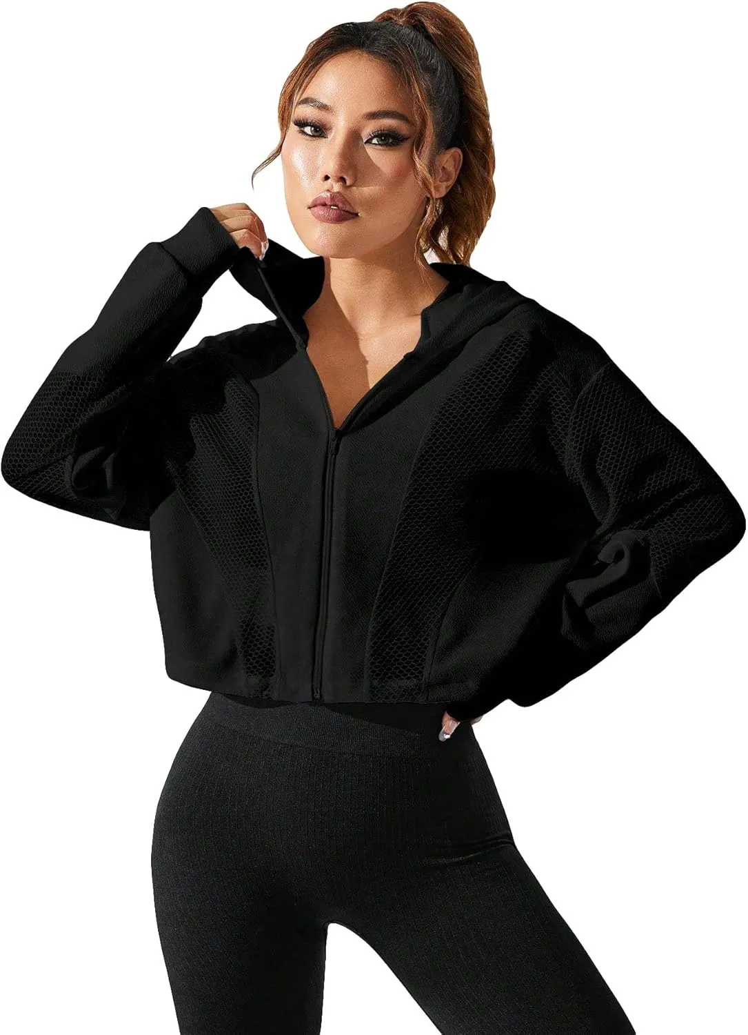 SweatyRocks Women's Activewear Long Sleeve Sheer Mesh Hooded Full Zip Sports Track Jacket