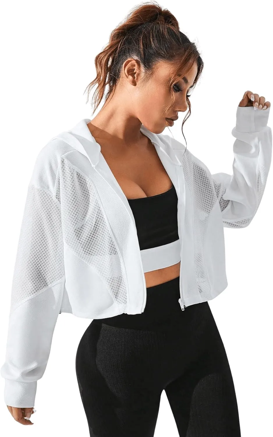 SweatyRocks Women's Activewear Long Sleeve Sheer Mesh Hooded Full Zip Sports Track Jacket