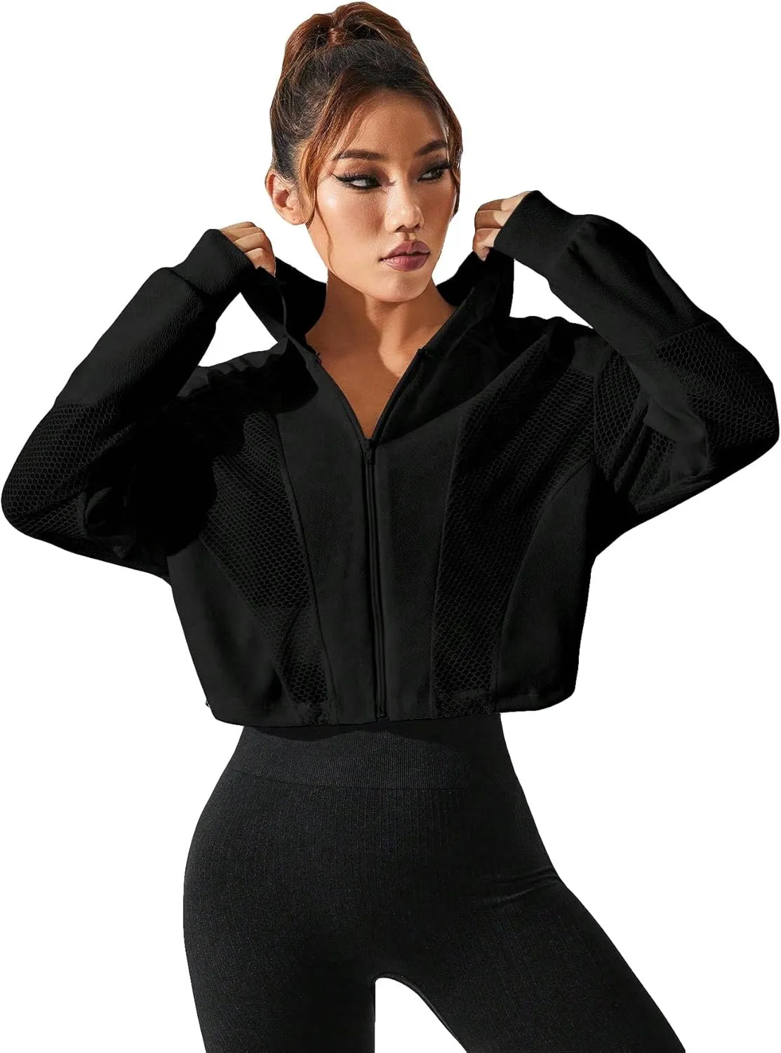 SweatyRocks Women's Activewear Long Sleeve Sheer Mesh Hooded Full Zip Sports Track Jacket