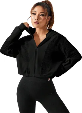 SweatyRocks Women's Activewear Long Sleeve Sheer Mesh Hooded Full Zip Sports Track Jacket