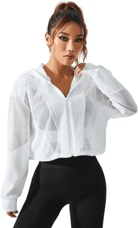SweatyRocks Women's Activewear Long Sleeve Sheer Mesh Hooded Full Zip Sports Track Jacket