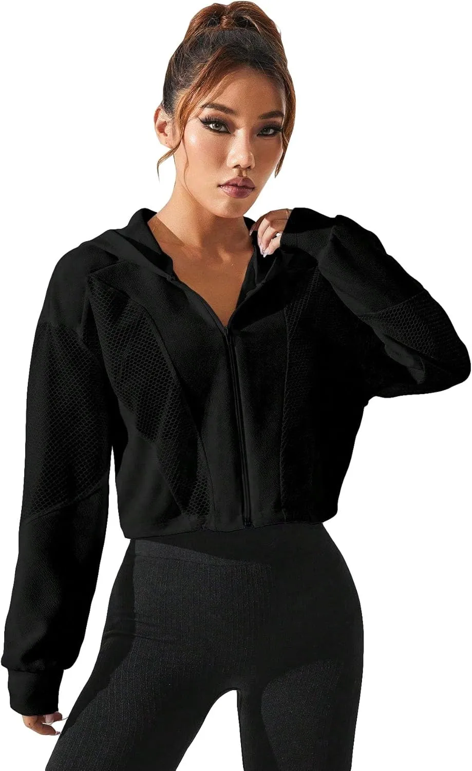 SweatyRocks Women's Activewear Long Sleeve Sheer Mesh Hooded Full Zip Sports Track Jacket