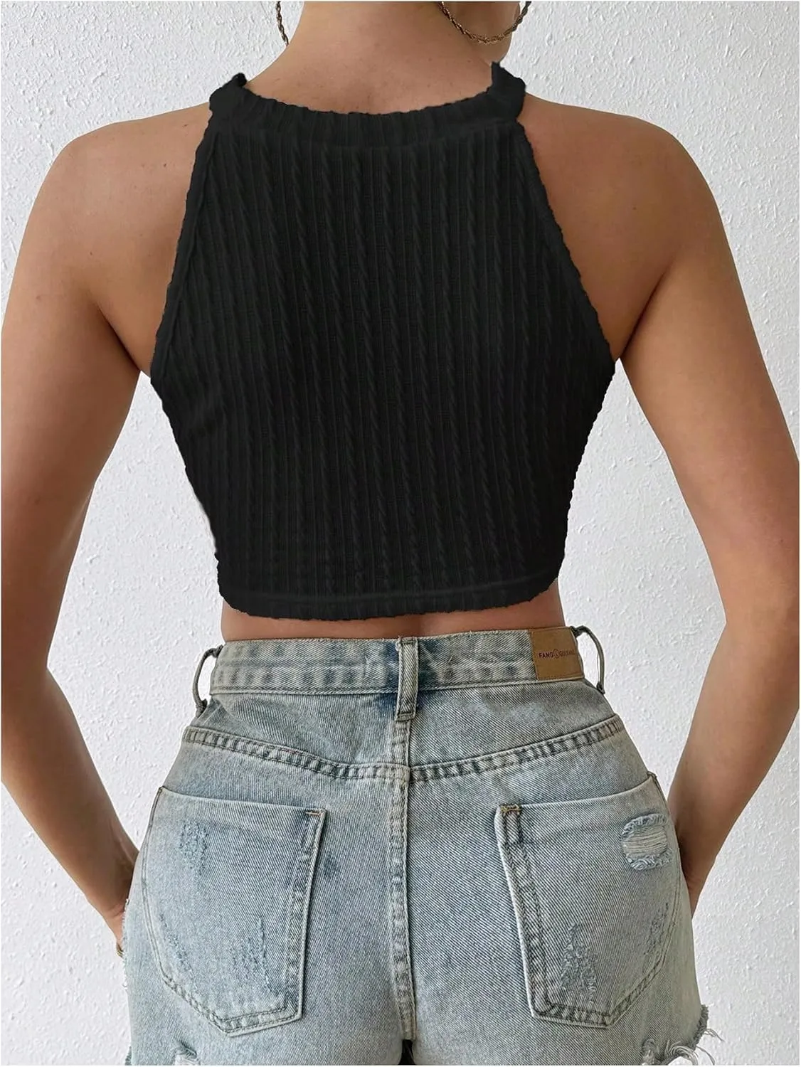 SweatyRocks Women's Fringe Hem Halter Tank Top Sleeveless Slim Fit Crop Tops