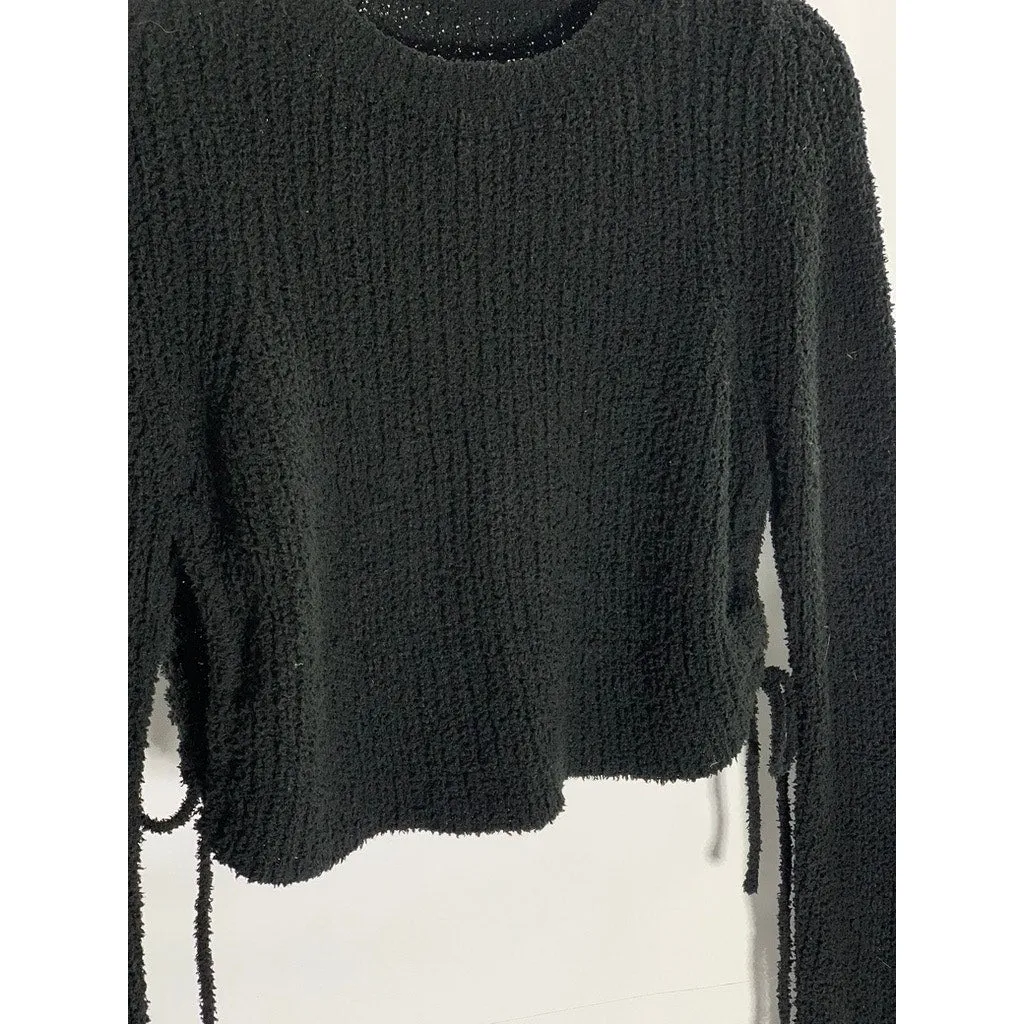 UNBRANDED Women's Black Knit Crewneck Long Sleeve Tie-Hem Cropped Sweater SZ S