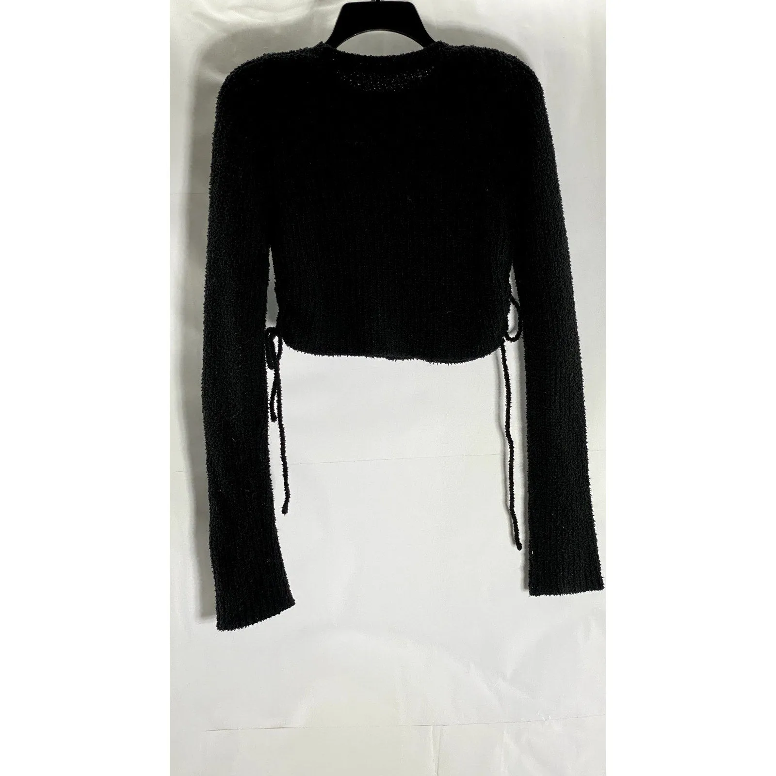 UNBRANDED Women's Black Knit Crewneck Long Sleeve Tie-Hem Cropped Sweater SZ S