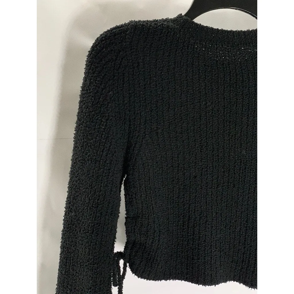 UNBRANDED Women's Black Knit Crewneck Long Sleeve Tie-Hem Cropped Sweater SZ S