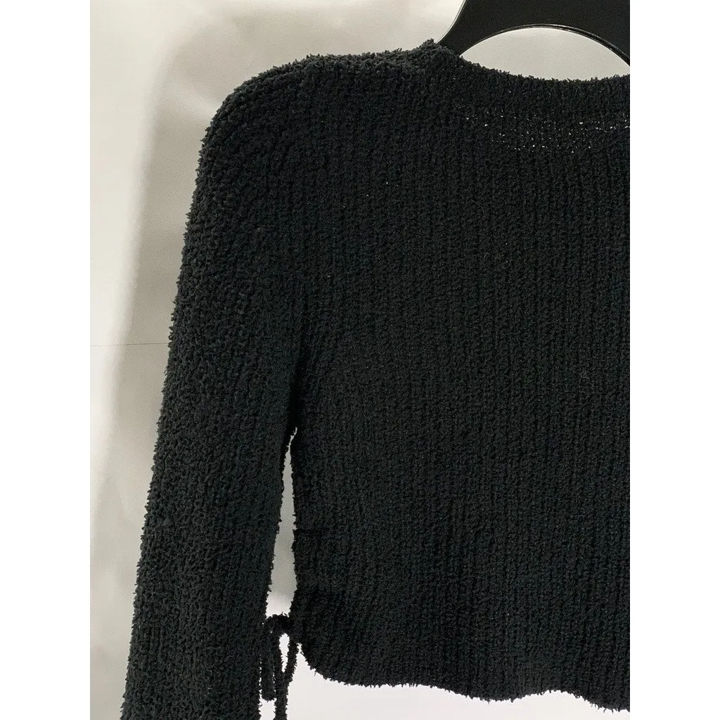 UNBRANDED Women's Black Knit Crewneck Long Sleeve Tie-Hem Cropped Sweater SZ S