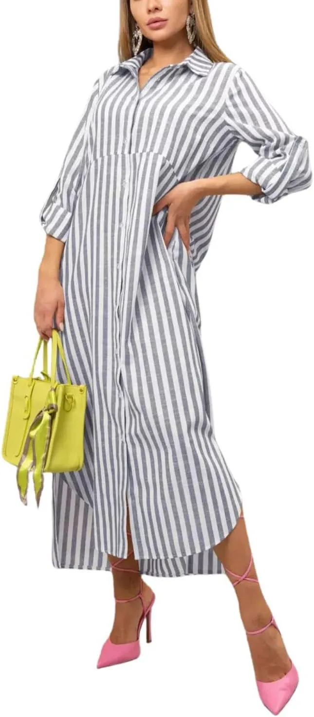 utcoco Women's 2025 Casual Loose Striped Shirt Dress Rolled Up Long Sleeve Side Slit Button Down Maxi Dress