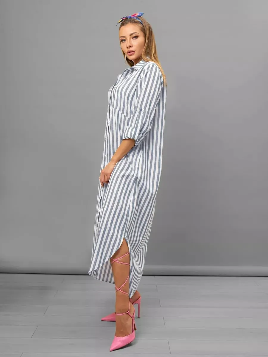 utcoco Women's 2025 Casual Loose Striped Shirt Dress Rolled Up Long Sleeve Side Slit Button Down Maxi Dress