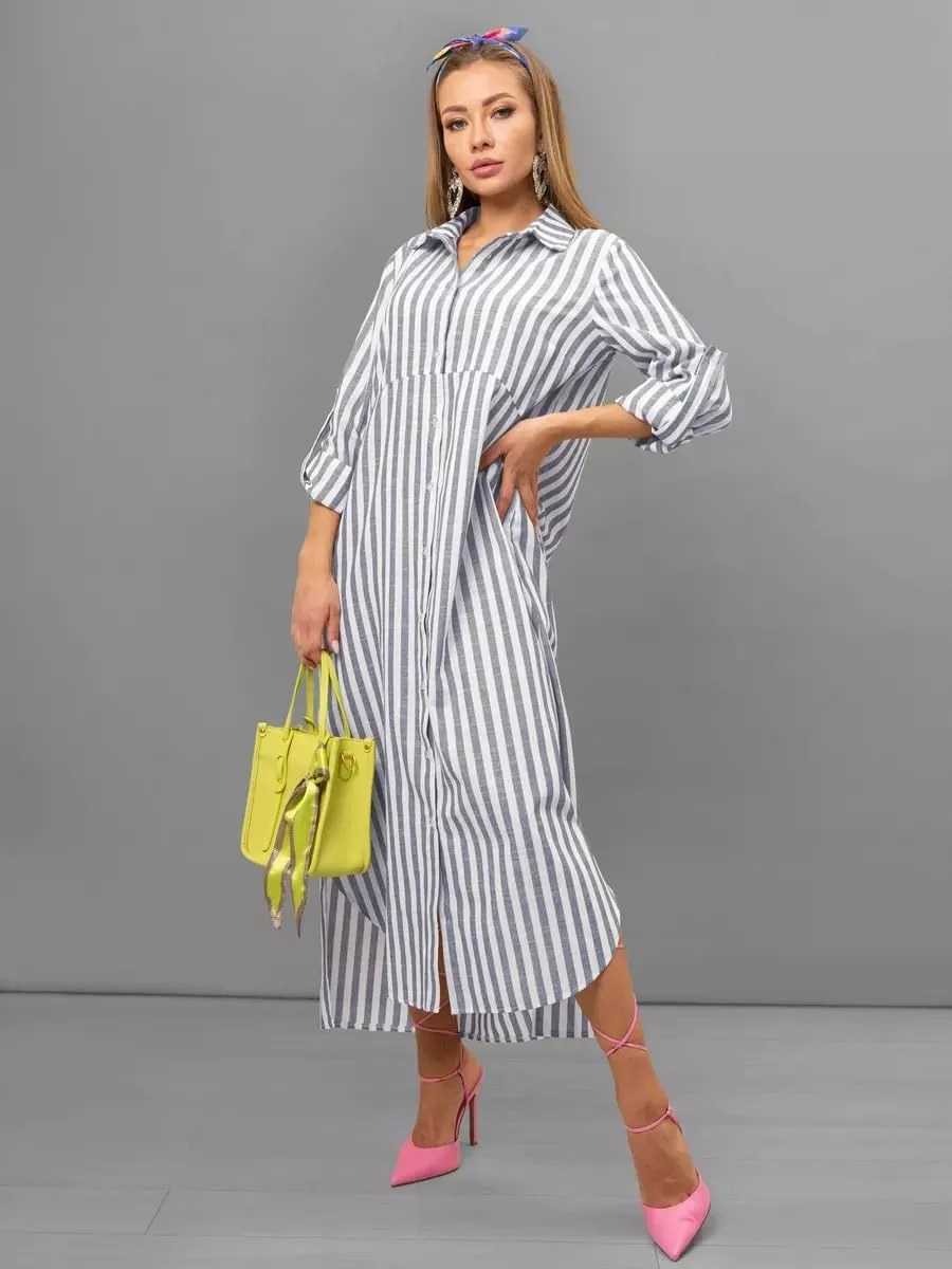 utcoco Women's 2025 Casual Loose Striped Shirt Dress Rolled Up Long Sleeve Side Slit Button Down Maxi Dress