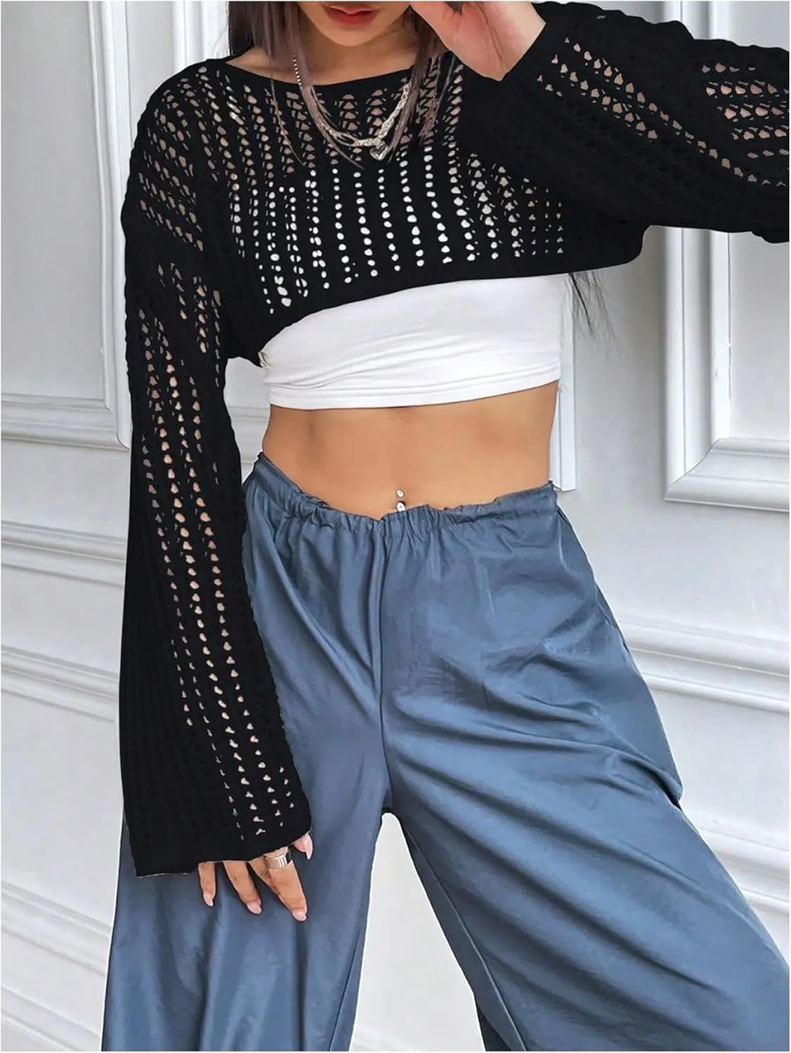 Verdusa Women's Hollow Out Knit Drop Shoulder Crop Sweater Pullover Top