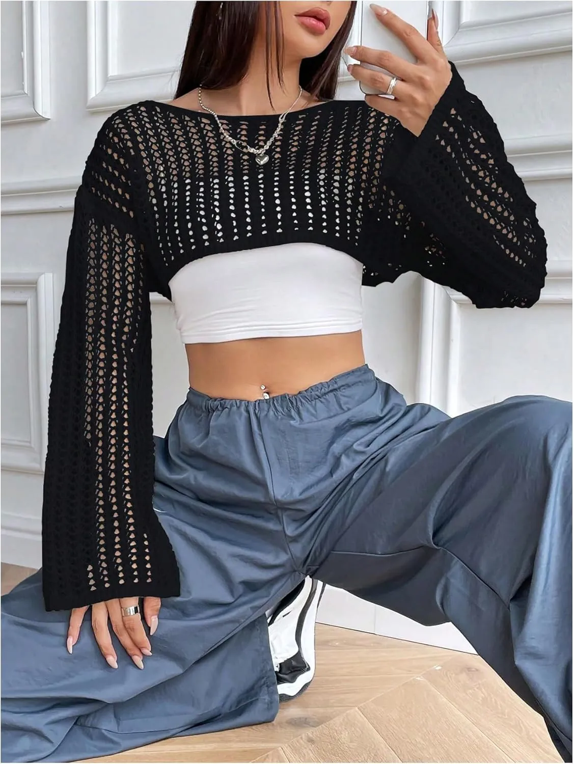 Verdusa Women's Hollow Out Knit Drop Shoulder Crop Sweater Pullover Top