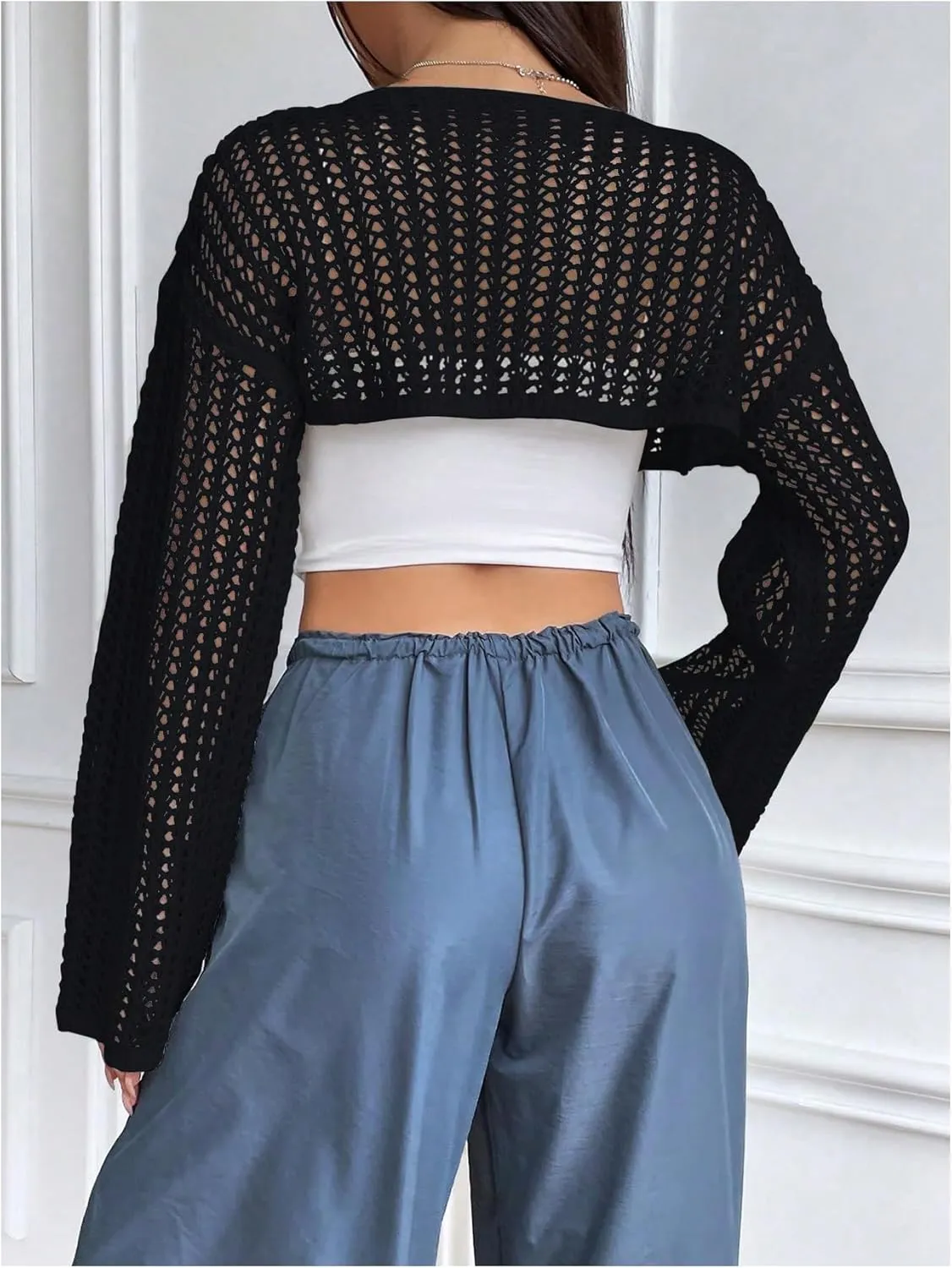 Verdusa Women's Hollow Out Knit Drop Shoulder Crop Sweater Pullover Top