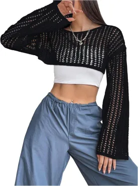 Verdusa Women's Hollow Out Knit Drop Shoulder Crop Sweater Pullover Top