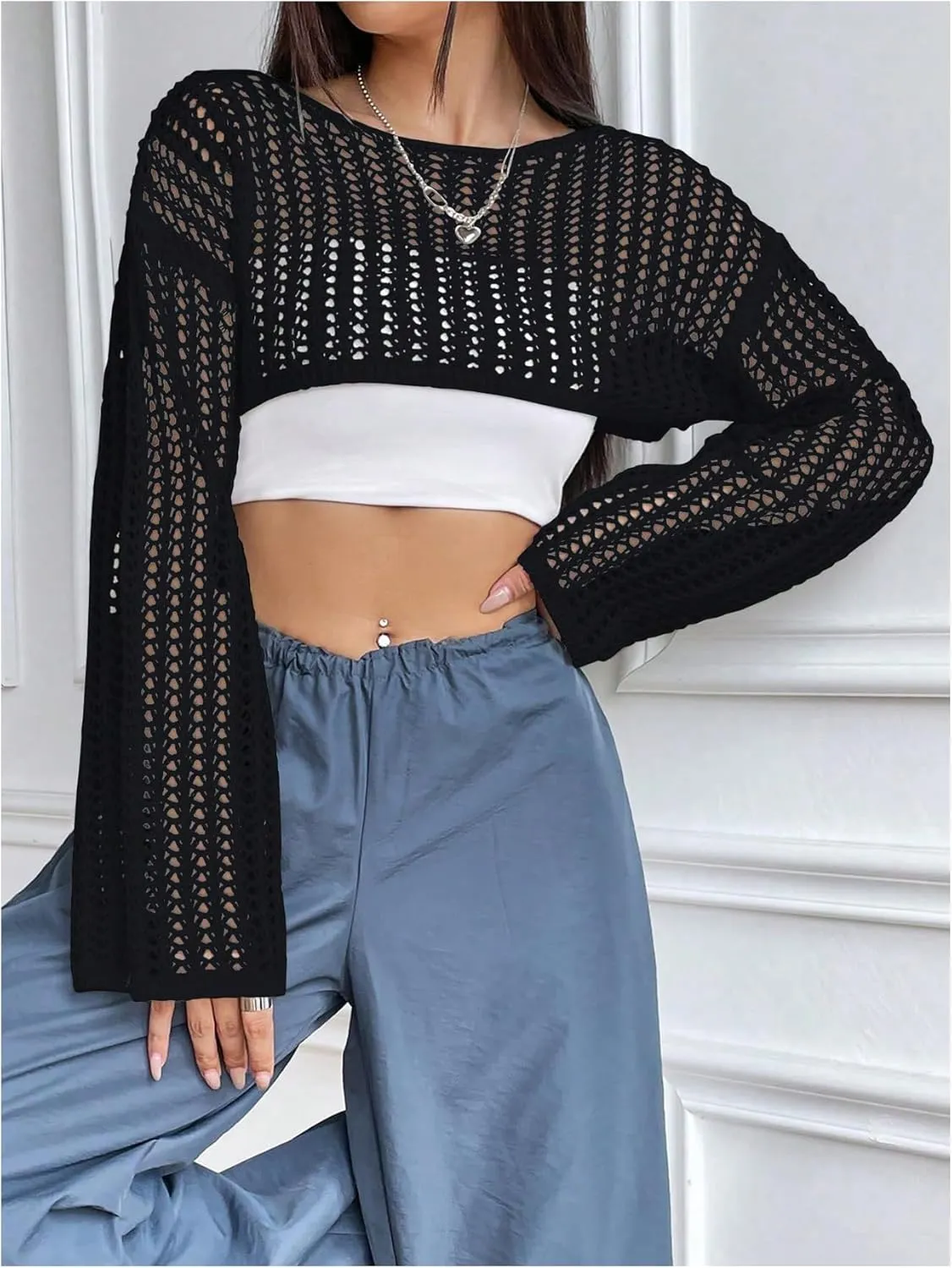 Verdusa Women's Hollow Out Knit Drop Shoulder Crop Sweater Pullover Top