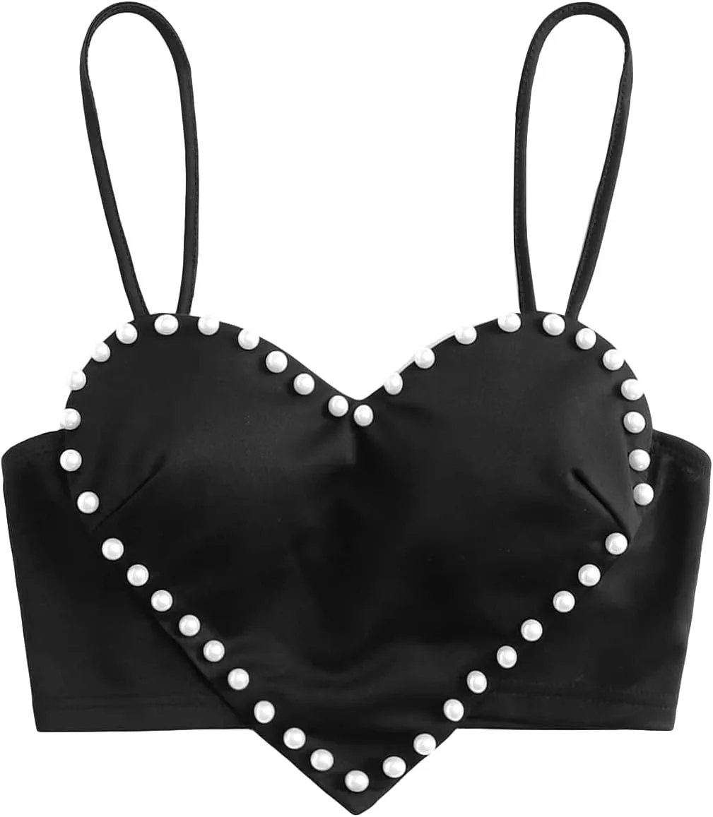 WDIRARA Women's Pearls Sleeveless Asymmetrical Hem Heart Crop Cami Top Sexy Camisole