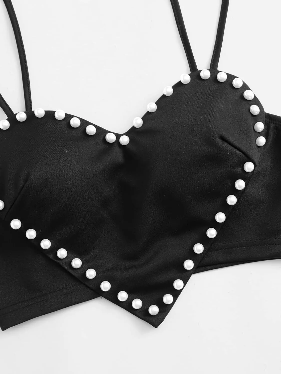 WDIRARA Women's Pearls Sleeveless Asymmetrical Hem Heart Crop Cami Top Sexy Camisole