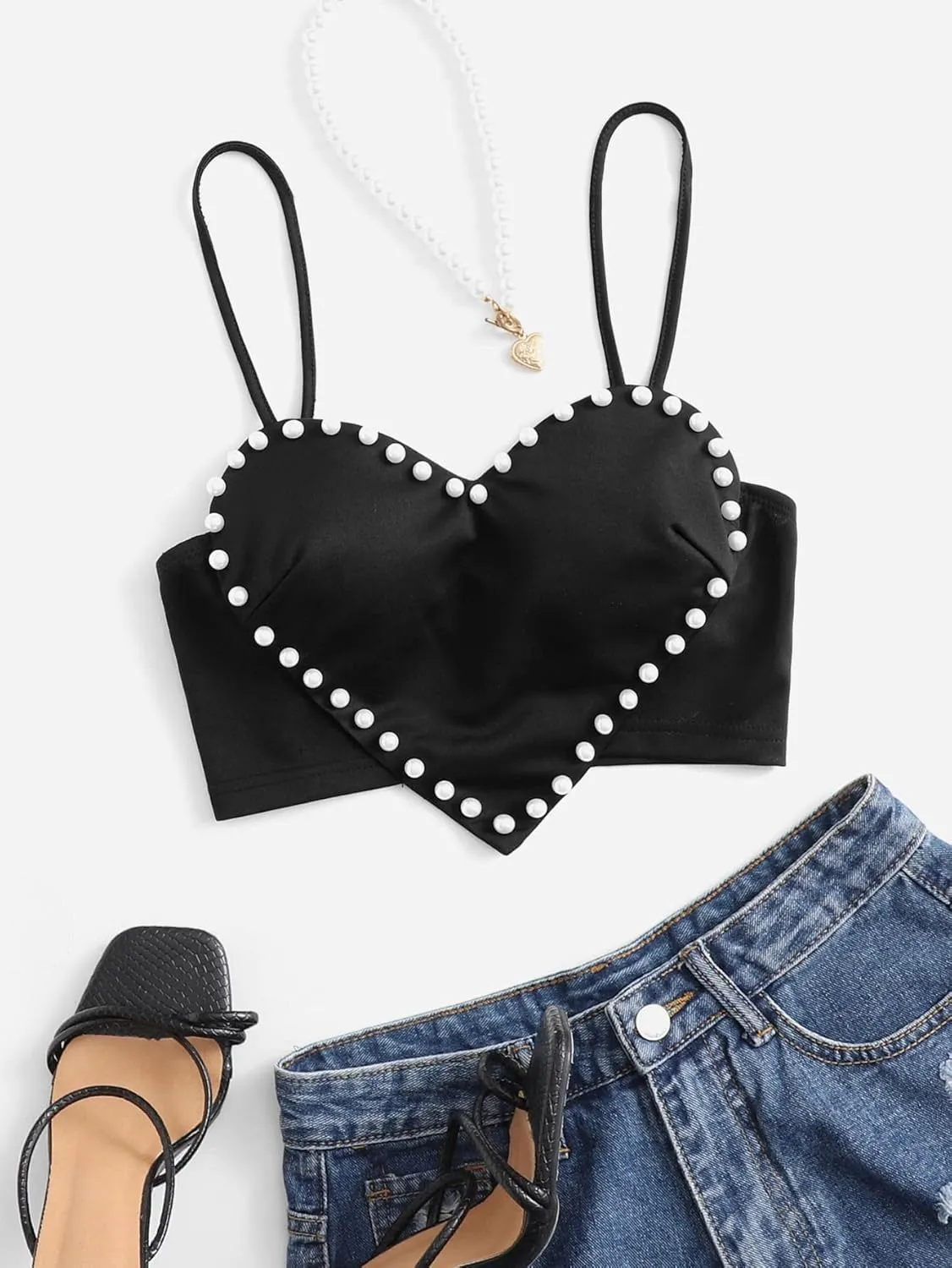 WDIRARA Women's Pearls Sleeveless Asymmetrical Hem Heart Crop Cami Top Sexy Camisole