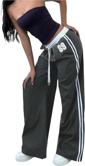 WDIRARA Women's Wide Leg Baggy Sweatpants Side Striped Number Graphic Track Pants with Pockets