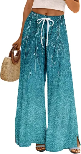 Wide Leg Pants Woman Flowy Summer Casual Travel Pants Boho Palazzo Pants High Waist Floral Printing Trousers