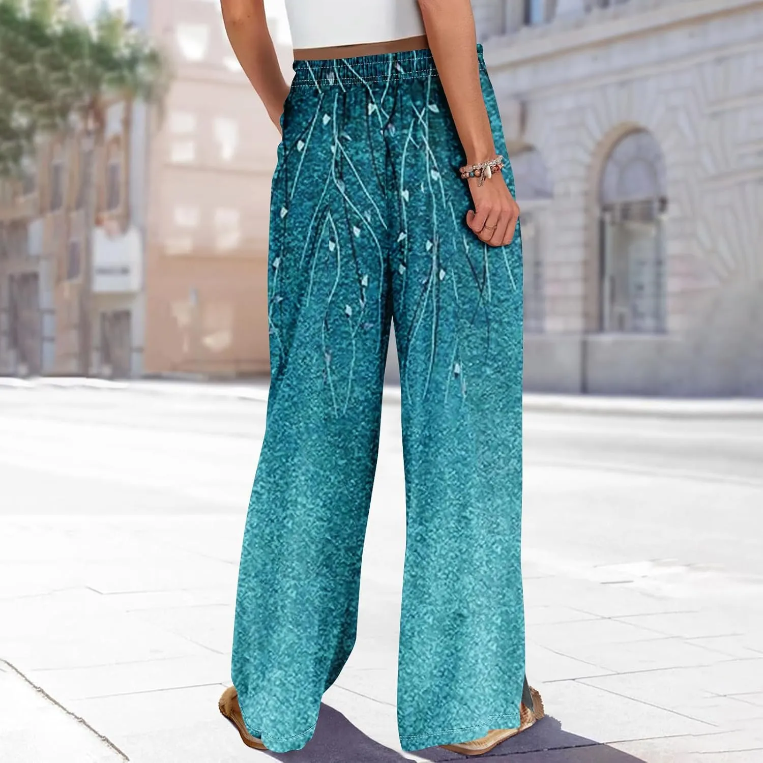 Wide Leg Pants Woman Flowy Summer Casual Travel Pants Boho Palazzo Pants High Waist Floral Printing Trousers