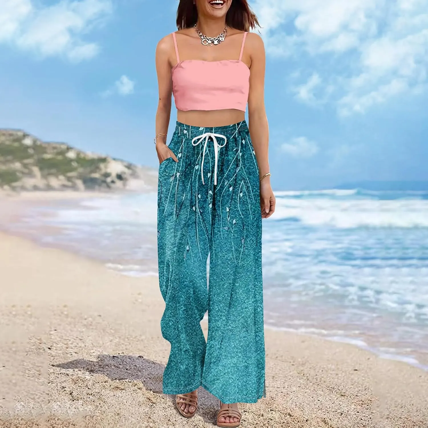Wide Leg Pants Woman Flowy Summer Casual Travel Pants Boho Palazzo Pants High Waist Floral Printing Trousers