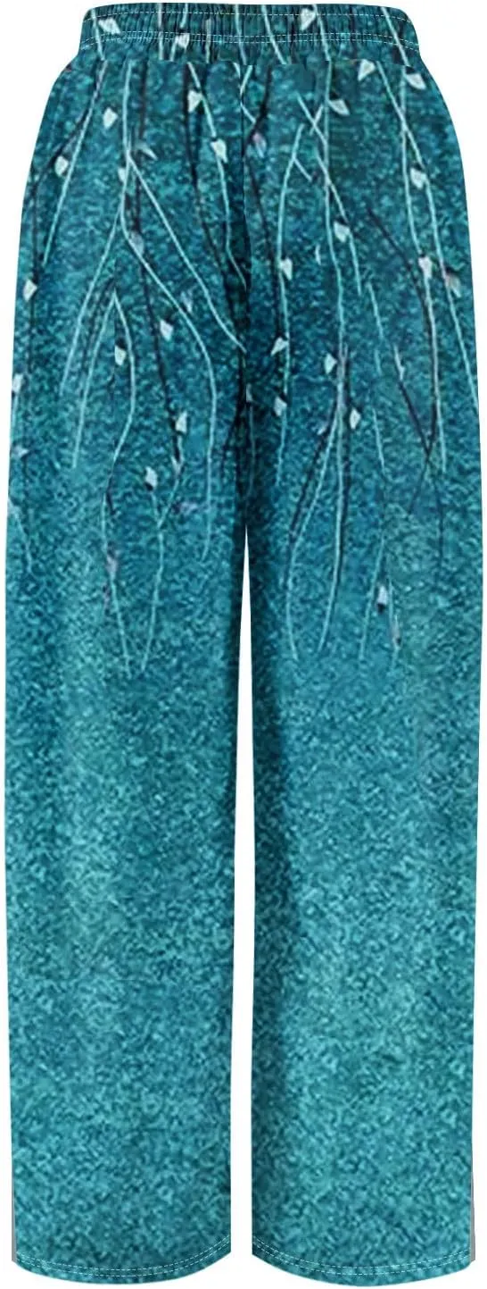 Wide Leg Pants Woman Flowy Summer Casual Travel Pants Boho Palazzo Pants High Waist Floral Printing Trousers