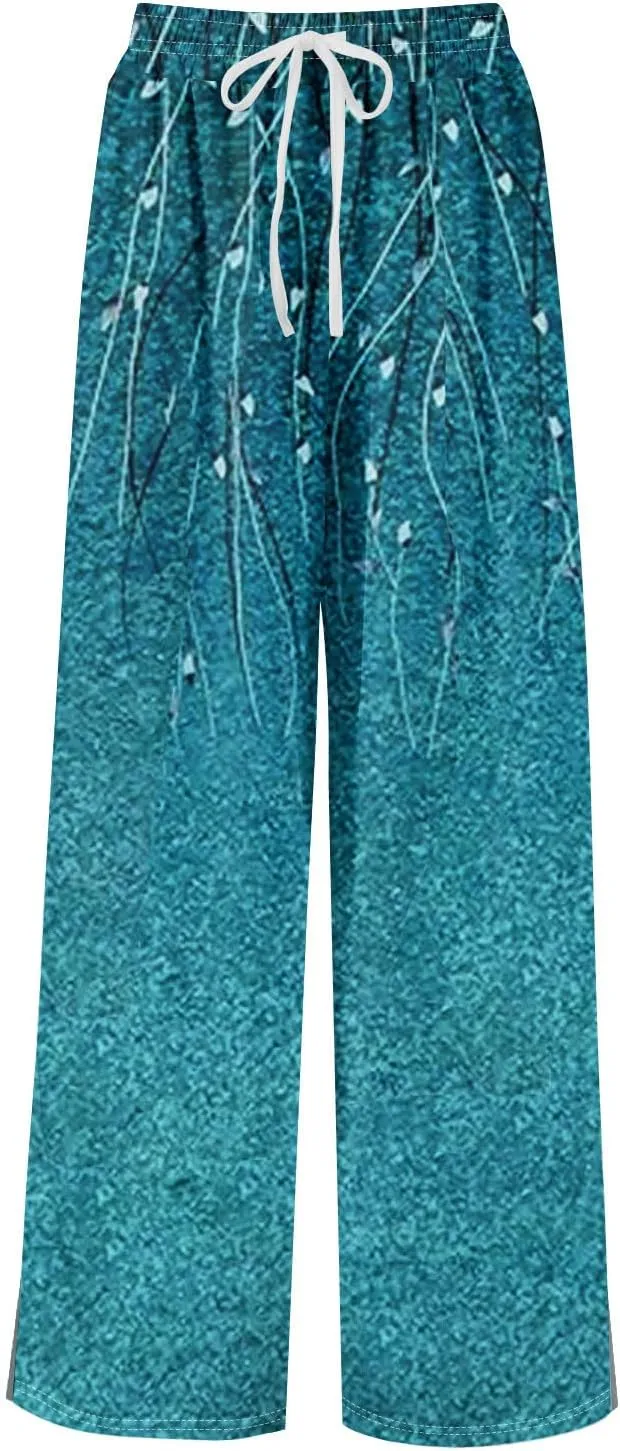 Wide Leg Pants Woman Flowy Summer Casual Travel Pants Boho Palazzo Pants High Waist Floral Printing Trousers