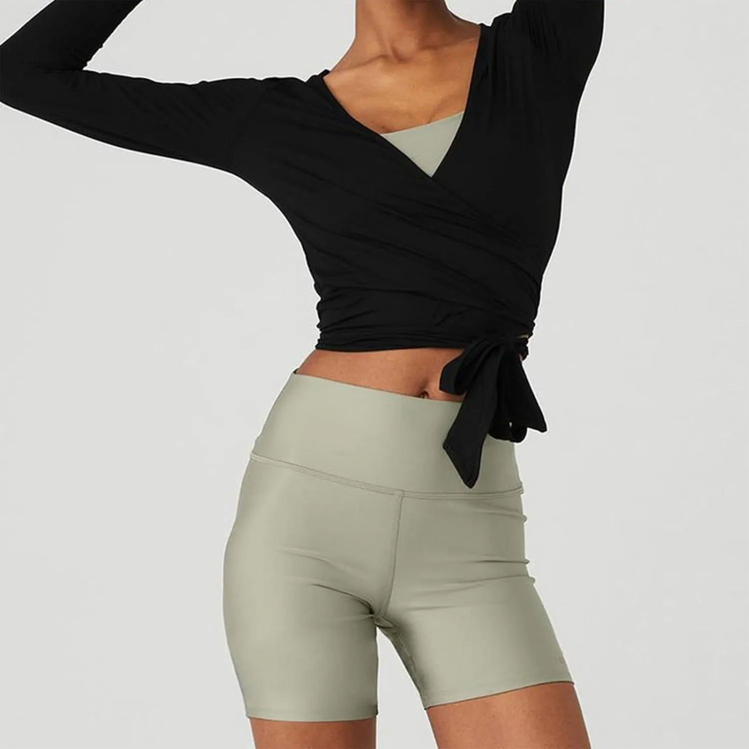 Women Ballet Wrap Top Y2K Long Sleeve Cross Tie Side Yoga Crop Top Deep V Neck Pilates Shirt Solid Workout Blouse