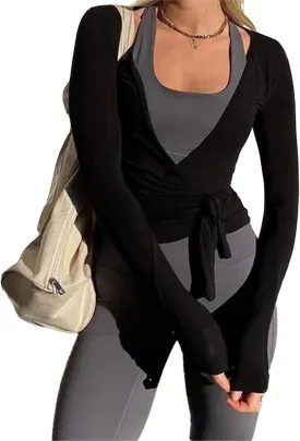 Women Ballet Wrap Top Y2K Long Sleeve Cross Tie Side Yoga Crop Top Deep V Neck Pilates Shirt Solid Workout Blouse
