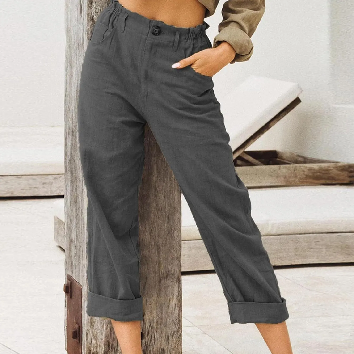 Women Linen Pants Summer Casual Capri Pants with Pockets Elastic Waist Wide Leg Cropped Pants Boho Beach Palazzo Pants
