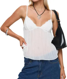 Women Pleated Camisole Sexy Sheer Mesh Spaghetti Strap Tank Top Lace Trim V Neck Bustier Cami Tops Streetwear