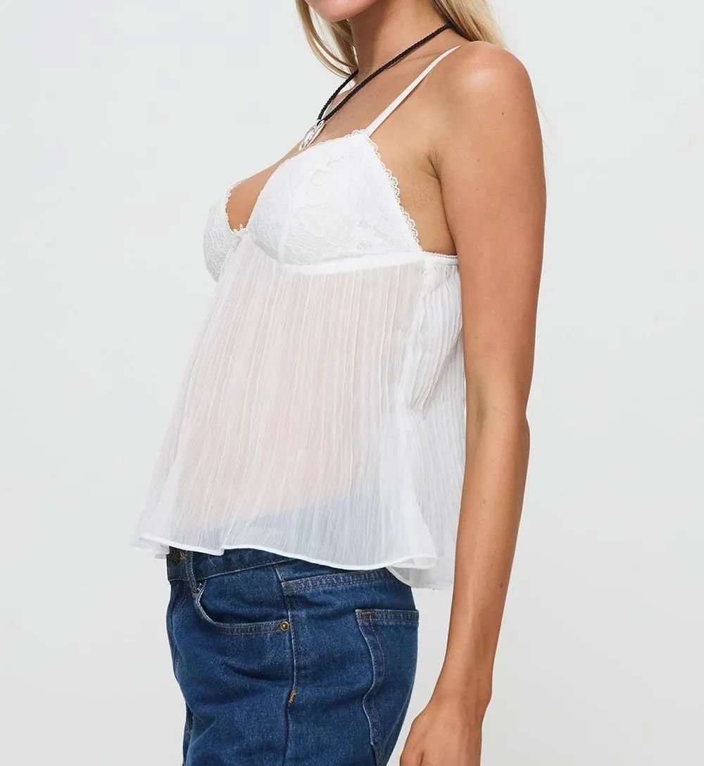 Women Pleated Camisole Sexy Sheer Mesh Spaghetti Strap Tank Top Lace Trim V Neck Bustier Cami Tops Streetwear