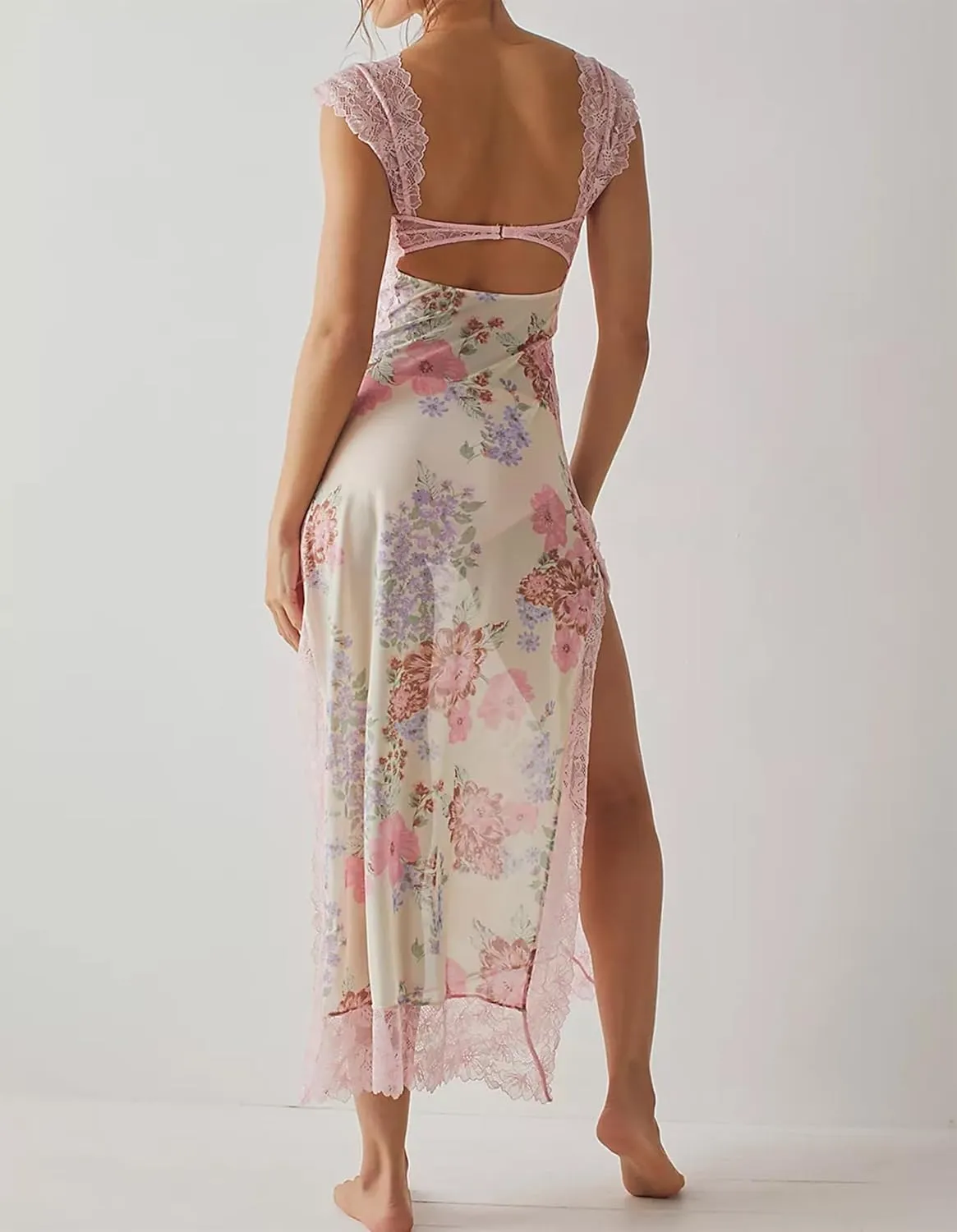 Women Sexy Lace Patchwork Mesh Dress Floral Print Cutout Sweetheart Neck Backless Slit Summer Maxi Dress