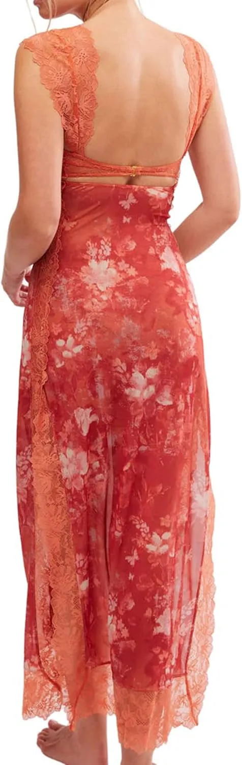 Women Sexy Lace Patchwork Mesh Dress Floral Print Cutout Sweetheart Neck Backless Slit Summer Maxi Dress