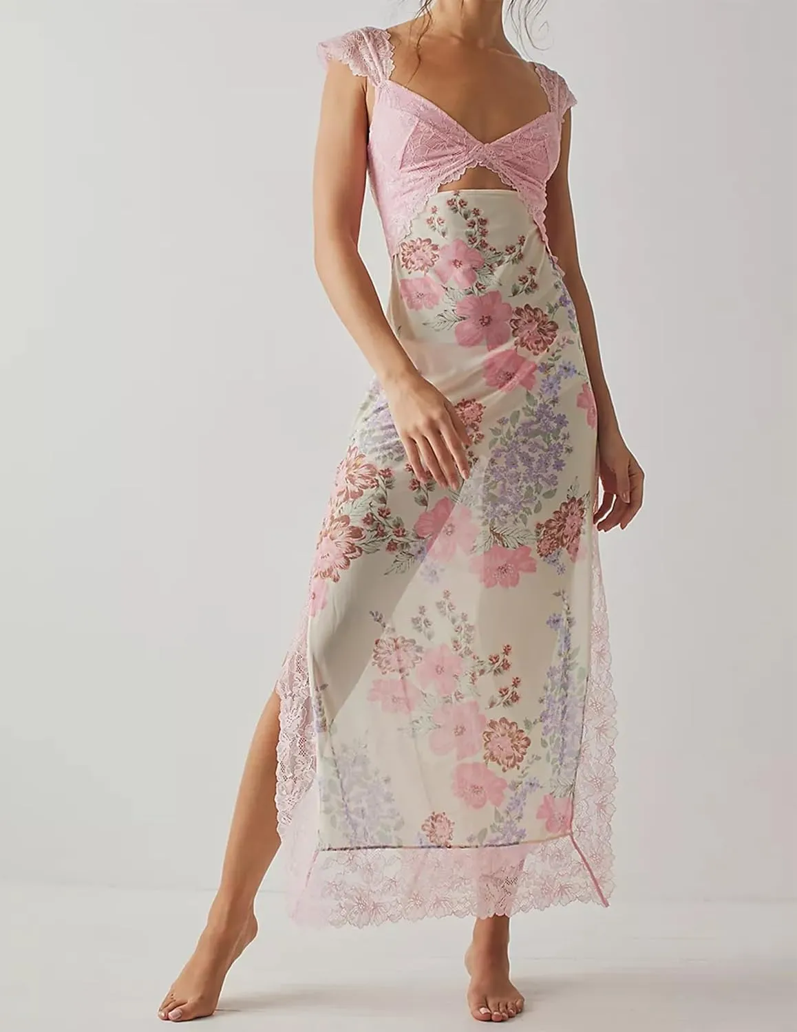 Women Sexy Lace Patchwork Mesh Dress Floral Print Cutout Sweetheart Neck Backless Slit Summer Maxi Dress