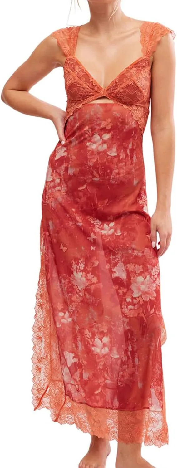 Women Sexy Lace Patchwork Mesh Dress Floral Print Cutout Sweetheart Neck Backless Slit Summer Maxi Dress