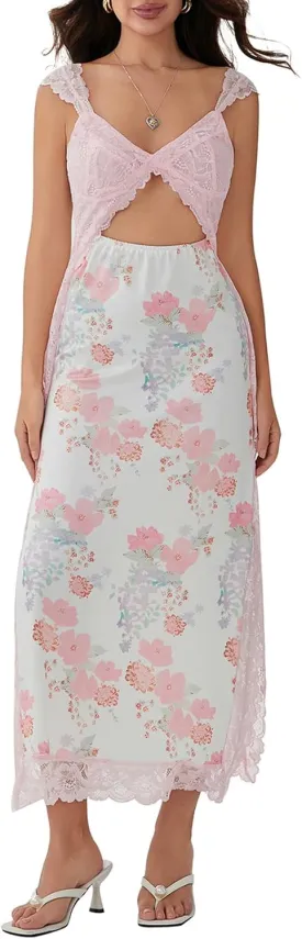 Women Sexy Lace Patchwork Mesh Dress Floral Print Cutout Sweetheart Neck Backless Slit Summer Maxi Dress