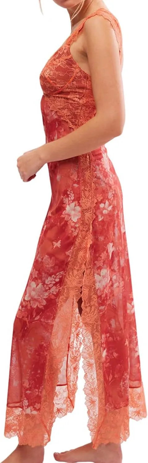 Women Sexy Lace Patchwork Mesh Dress Floral Print Cutout Sweetheart Neck Backless Slit Summer Maxi Dress