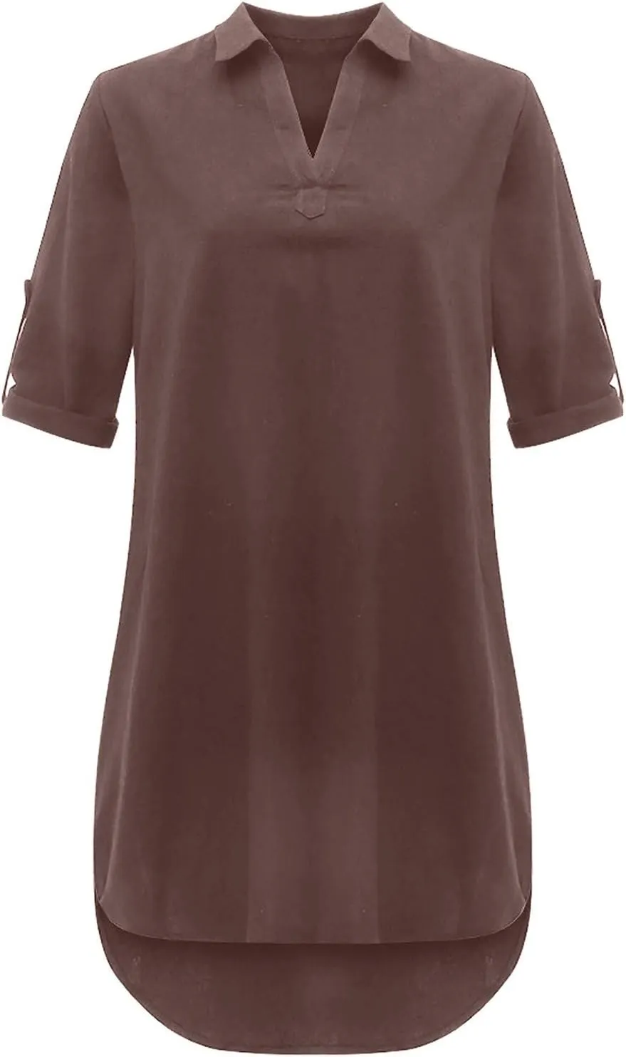 Women Shirt Dress Plus Size Rolled Sleeve Buttons V Neck T-Shirt Dresses Turn Down Collar Cotton Linen Short Dress