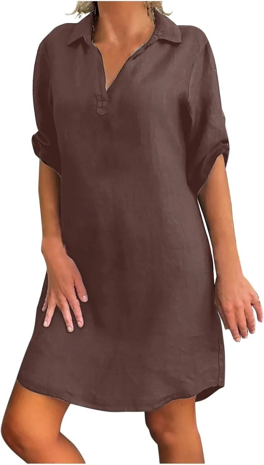 Women Shirt Dress Plus Size Rolled Sleeve Buttons V Neck T-Shirt Dresses Turn Down Collar Cotton Linen Short Dress