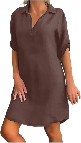 Women Shirt Dress Plus Size Rolled Sleeve Buttons V Neck T-Shirt Dresses Turn Down Collar Cotton Linen Short Dress