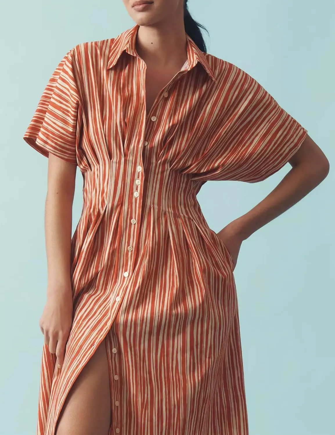 Women Striped Button Front Pleated Maxi Shirt Dress Short Sleeve Collar V Neck Summer Casual Corset Long Dress