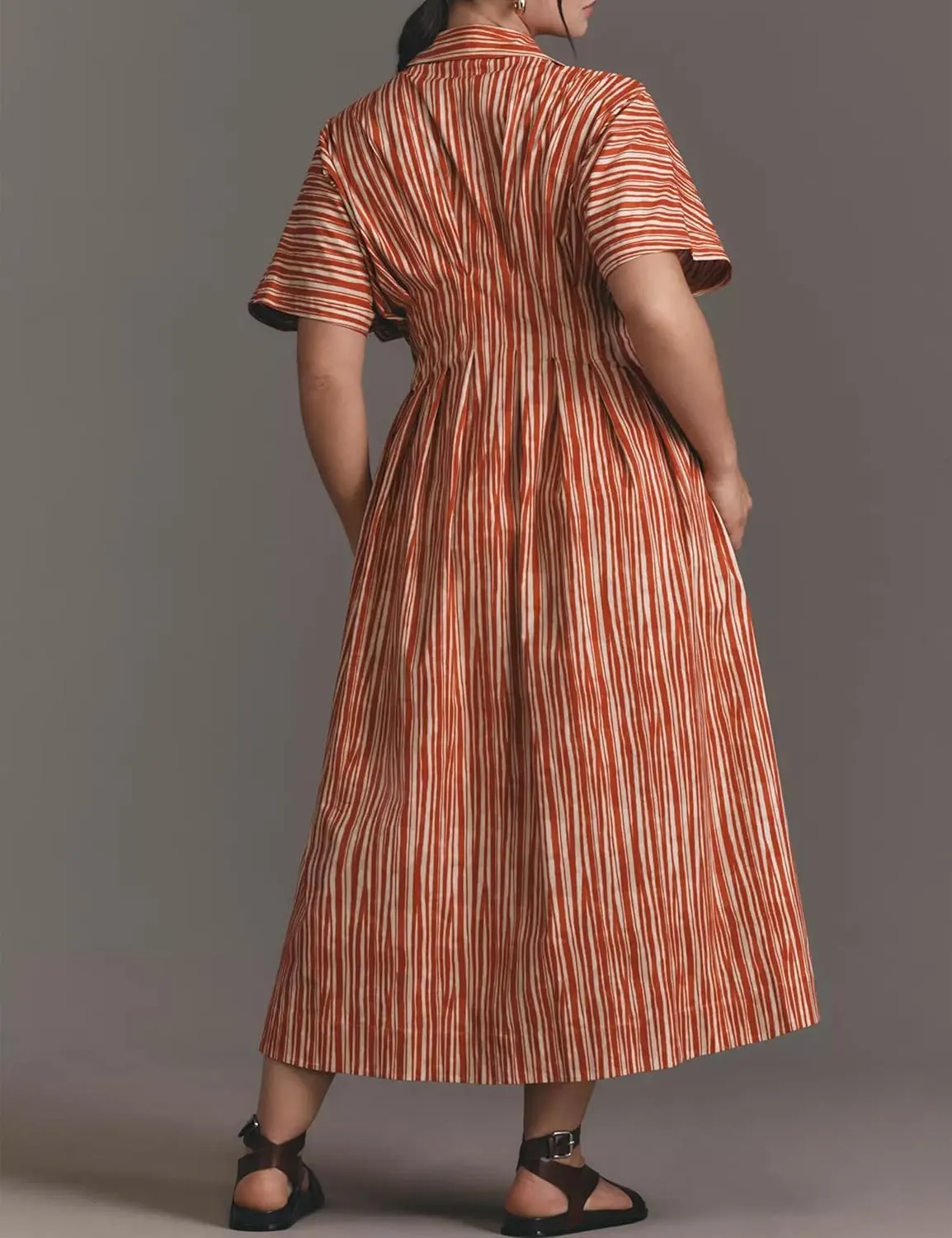 Women Striped Button Front Pleated Maxi Shirt Dress Short Sleeve Collar V Neck Summer Casual Corset Long Dress