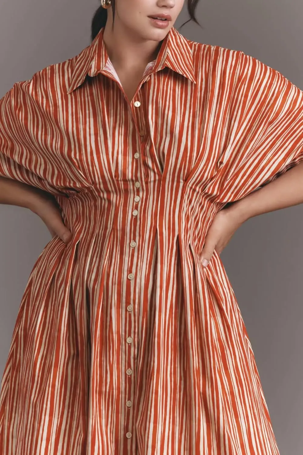 Women Striped Button Front Pleated Maxi Shirt Dress Short Sleeve Collar V Neck Summer Casual Corset Long Dress