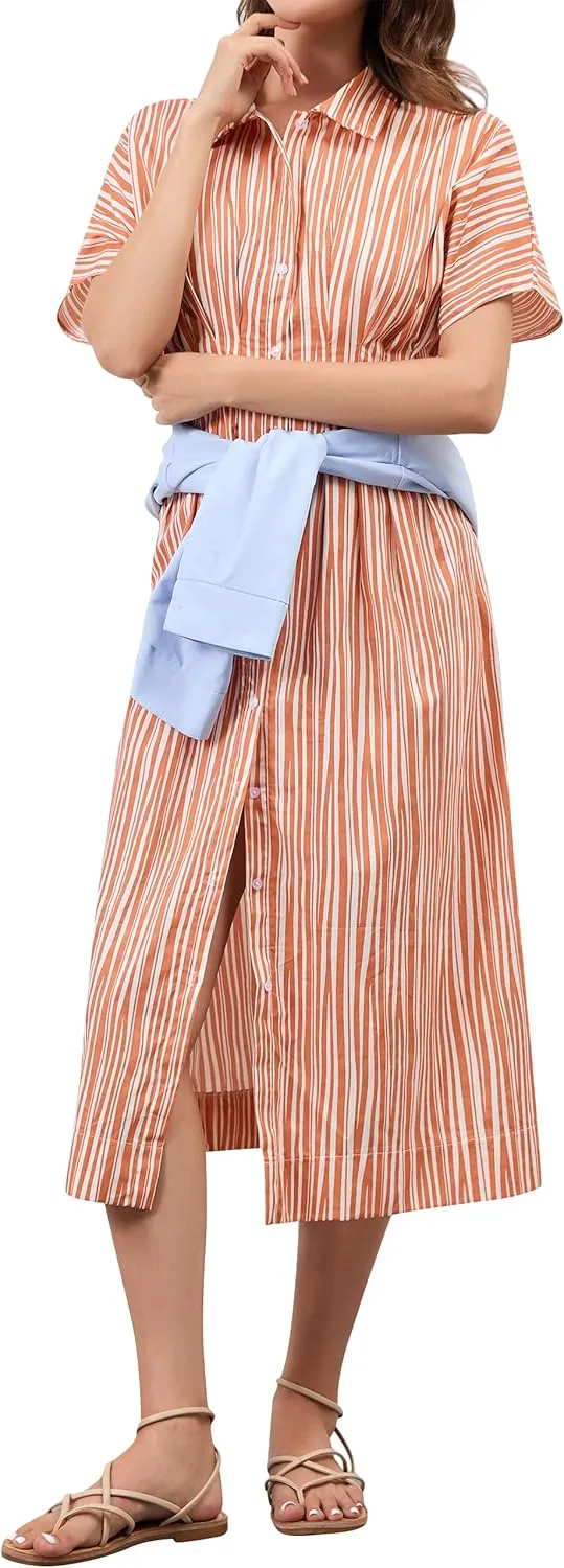 Women Striped Button Front Pleated Maxi Shirt Dress Short Sleeve Collar V Neck Summer Casual Corset Long Dress
