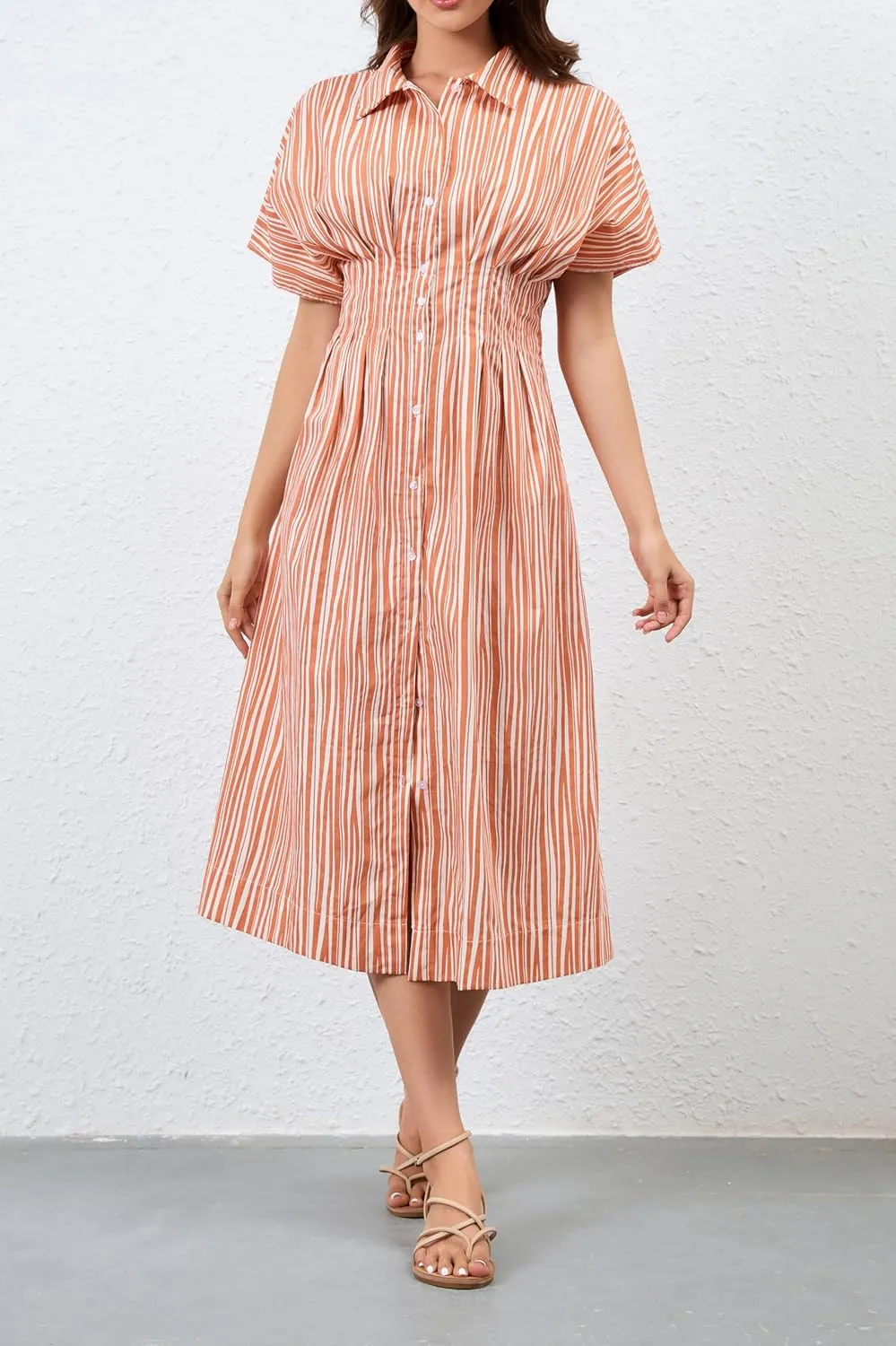 Women Striped Button Front Pleated Maxi Shirt Dress Short Sleeve Collar V Neck Summer Casual Corset Long Dress