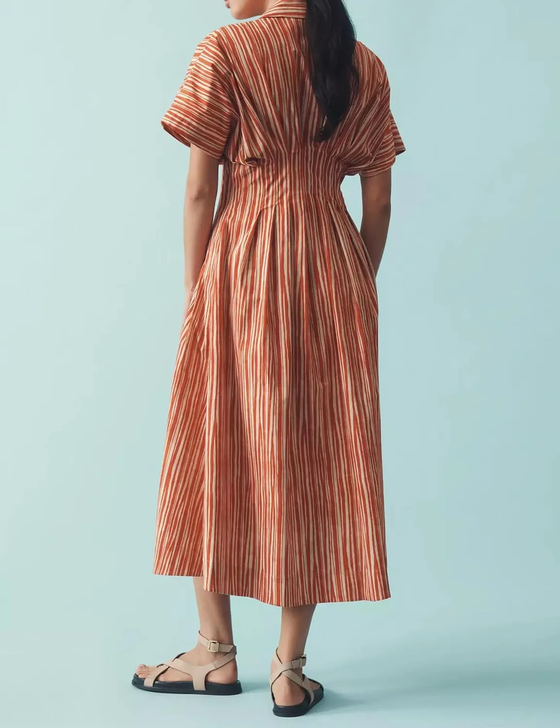 Women Striped Button Front Pleated Maxi Shirt Dress Short Sleeve Collar V Neck Summer Casual Corset Long Dress