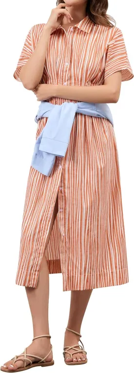 Women Striped Button Front Pleated Maxi Shirt Dress Short Sleeve Collar V Neck Summer Casual Corset Long Dress